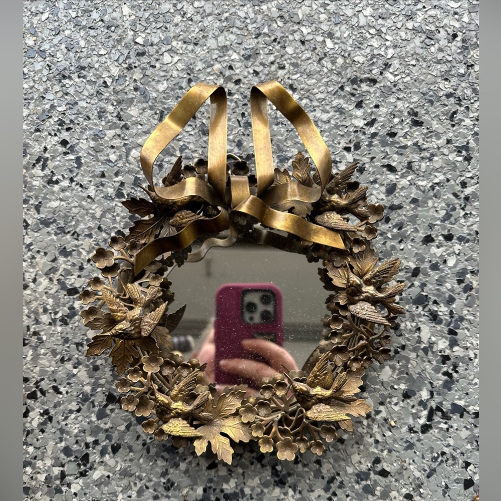 Vintage Petites Brass Floral Hummingbird Wreath Mirror With Bow Dresden Small 7"